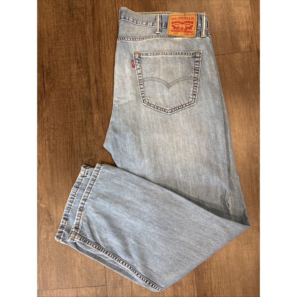 Levi's 505 Jeans Mens 38x28 Red Tab Light Wash Blue Straight Fit VTG Distressed